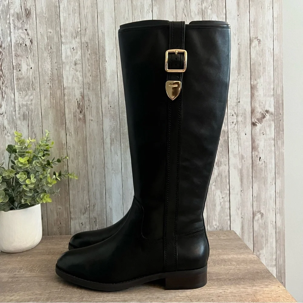 Coach Easton Tall Equestrian Black Leather Boots Gold Buckle Sophisticated 9 - Picture 7 of 10